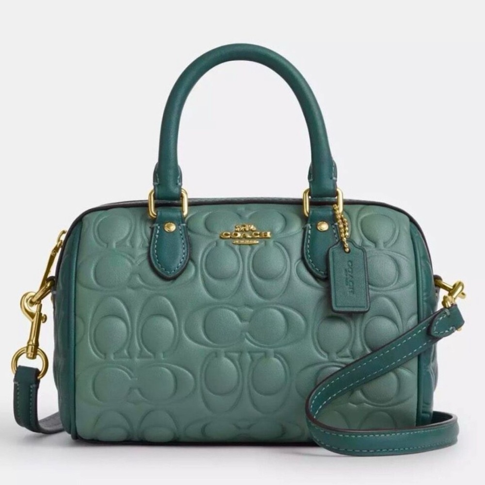 New Coach Mini Rowan Crossbody Bag In Blocked Sig Leather Dark Turquoise CY744